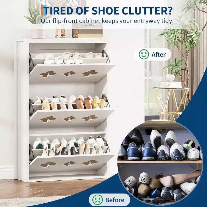 3-Drawer Flip Shoe Cabinet with Floral Pattern - Slim Freestanding Organizer for Entryway Hallway