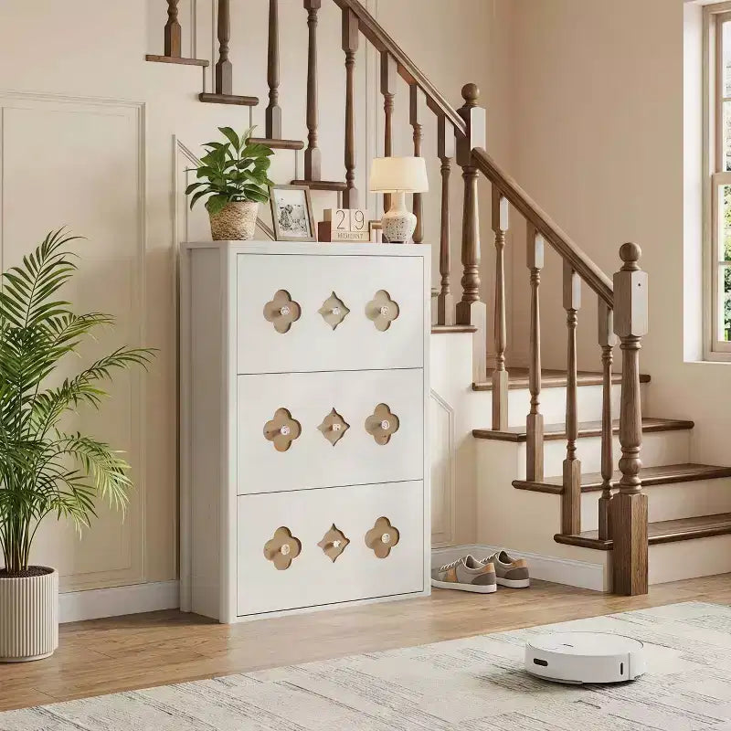 3-Drawer Flip Shoe Cabinet with Floral Pattern - Slim Freestanding Organizer for Entryway Hallway