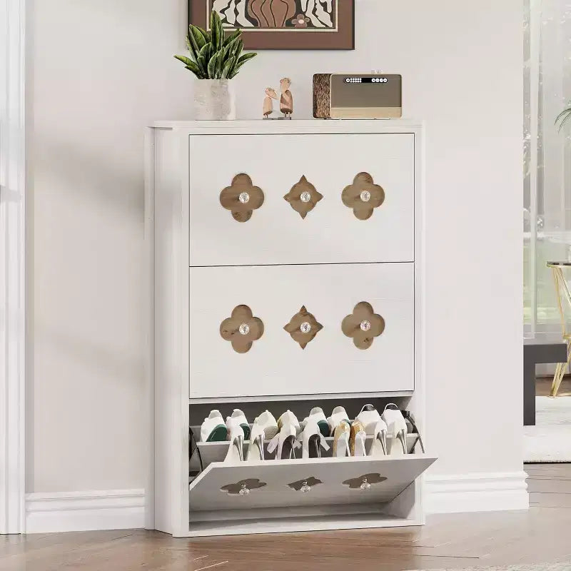 3-Drawer Flip Shoe Cabinet with Floral Pattern - Slim Freestanding Organizer for Entryway Hallway