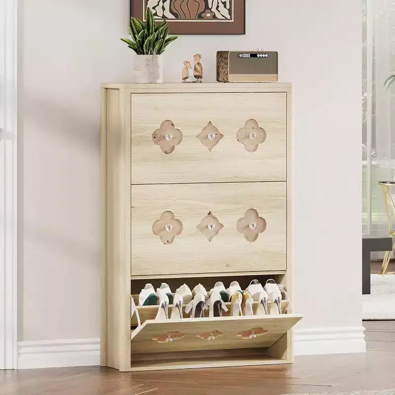 3-Drawer Flip Shoe Cabinet with Floral Pattern - Slim Freestanding Organizer for Entryway Hallway