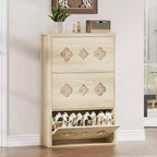3-Drawer Flip Shoe Cabinet with Floral Pattern - Slim Freestanding Organizer for Entryway Hallway