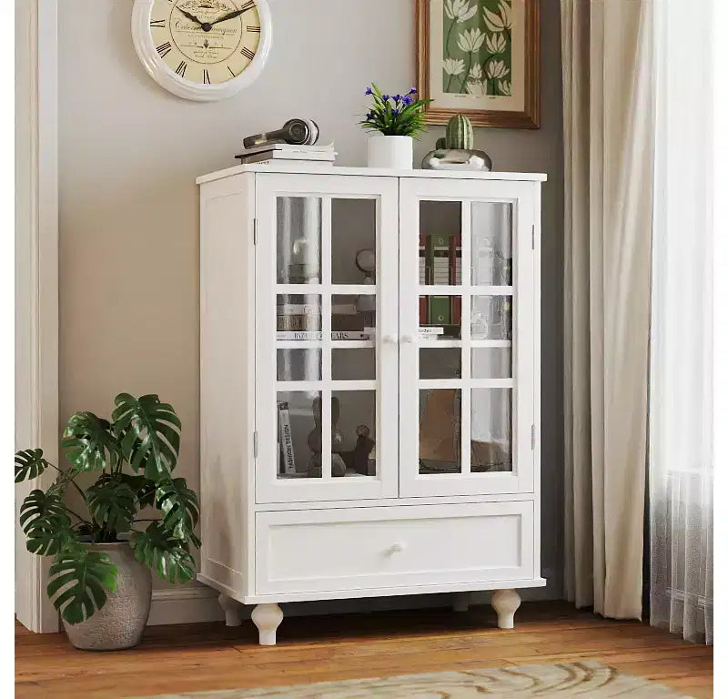 Minimalist White Buffet Cabinet with Double Glass Doors and Drawer, Modern Wooden Storage Sideboard Cupboard