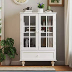 Minimalist White Buffet Cabinet with Double Glass Doors and Drawer, Modern Wooden Storage Sideboard Cupboard