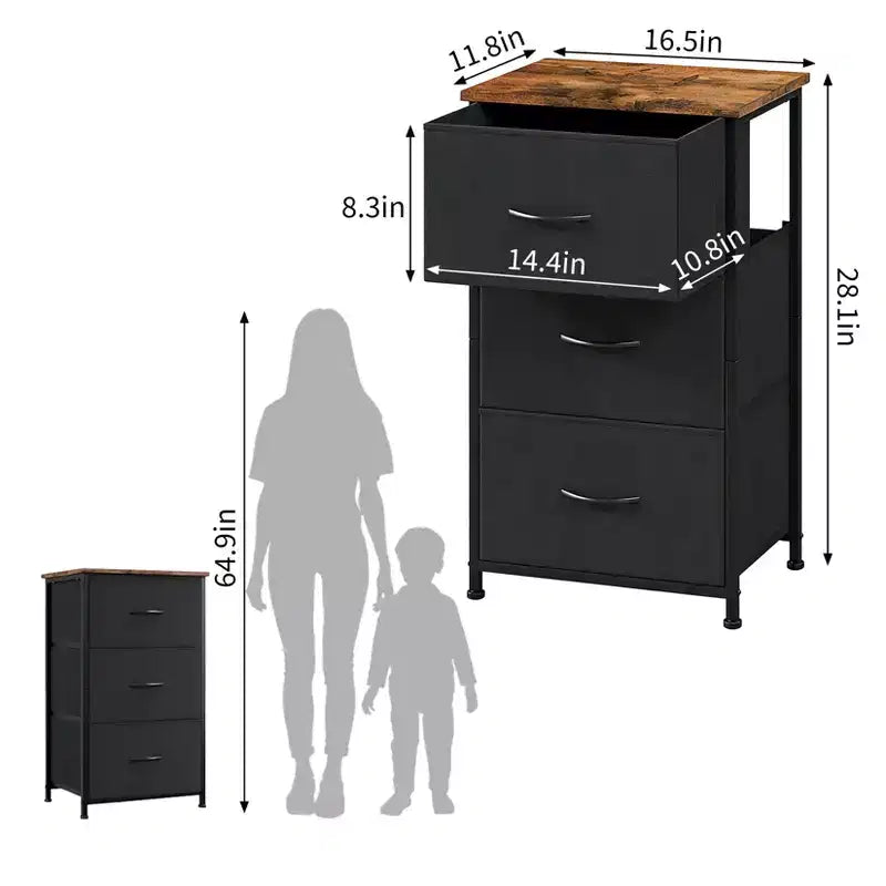 3-Drawer Nightstand Storage Cabinet with Metal Frame & Waterproof Wood Top, Anti-Tip, Adjustable Feet