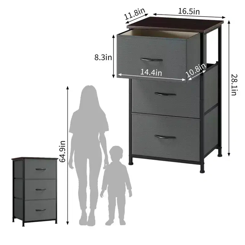 3-Drawer Nightstand Storage Cabinet with Metal Frame & Waterproof Wood Top, Anti-Tip, Adjustable Feet