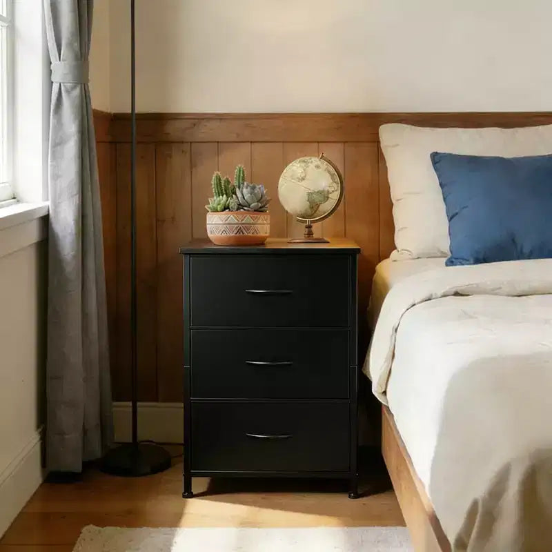 3-Drawer Nightstand Storage Cabinet with Metal Frame & Waterproof Wood Top, Anti-Tip, Adjustable Feet