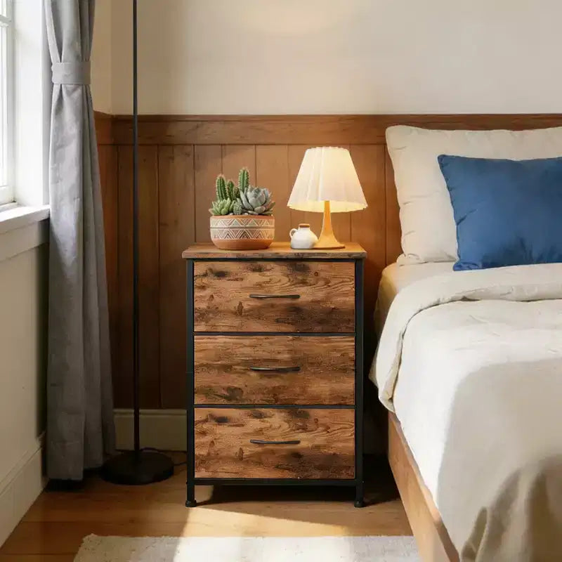 3-Drawer Nightstand Storage Cabinet with Metal Frame & Waterproof Wood Top, Anti-Tip, Adjustable Feet