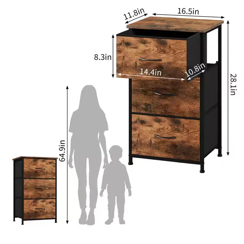 3-Drawer Nightstand Storage Cabinet with Metal Frame & Waterproof Wood Top, Anti-Tip, Adjustable Feet