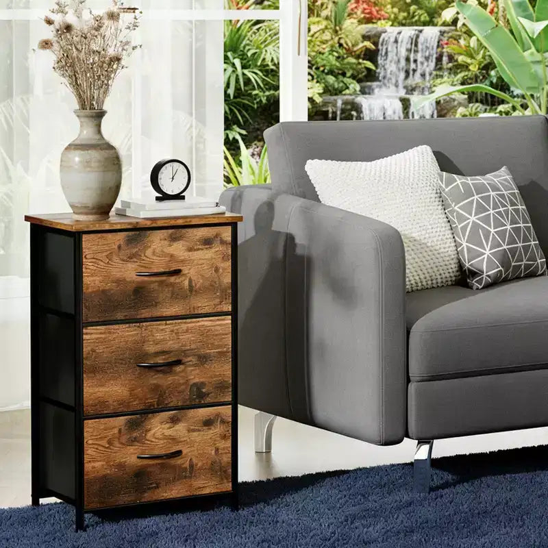 3-Drawer Nightstand Storage Cabinet with Metal Frame & Waterproof Wood Top, Anti-Tip, Adjustable Feet