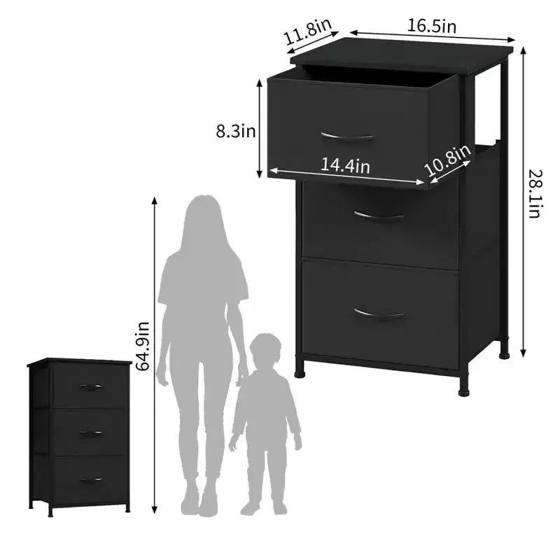 3-Drawer Nightstand Storage Cabinet with Metal Frame & Waterproof Wood Top, Anti-Tip, Adjustable Feet