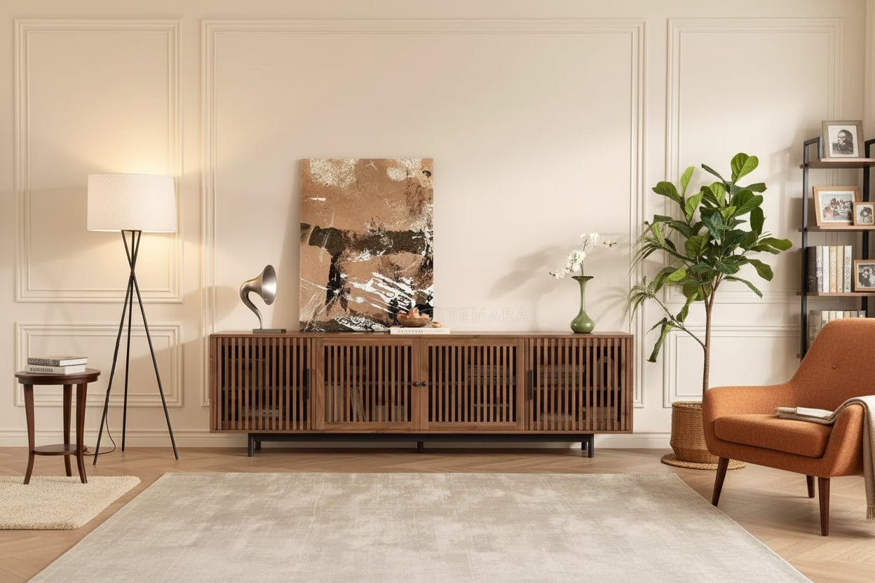 GDFStudio Leighton 78 Modern TV Stand with Slatted Door Design and Closed Storage
