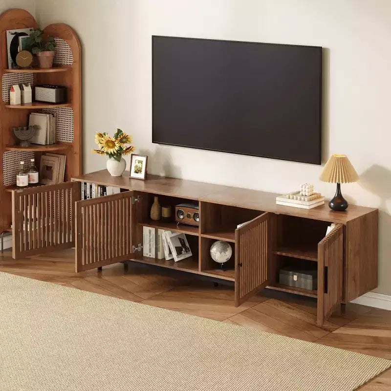 78 Modern TV Stand with Slatted Door Design and Closed Storage