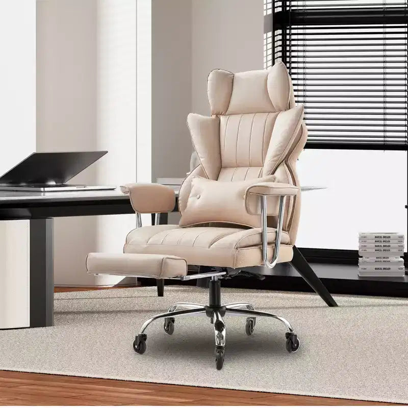 Executive Office Chair with Footrest, 400lb Capacity Office Chair with Lumbar Pillow & Removable Armrests, Heavy Duty Ergonomic Chair,Beige