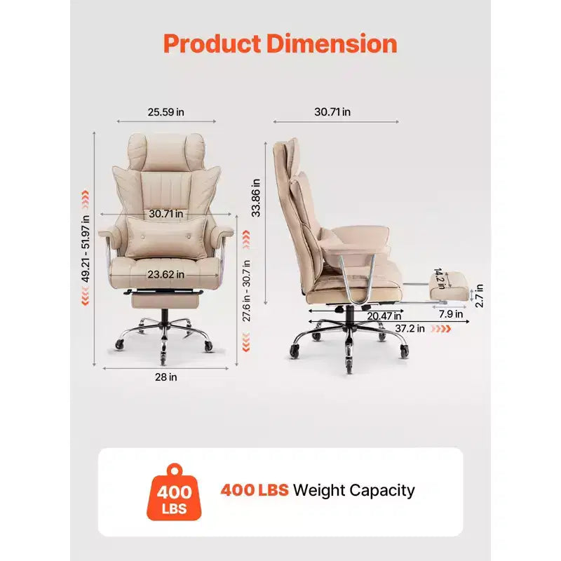 Executive Office Chair with Footrest, 400lb Capacity Office Chair with Lumbar Pillow & Removable Armrests, Heavy Duty Ergonomic Chair,Beige
