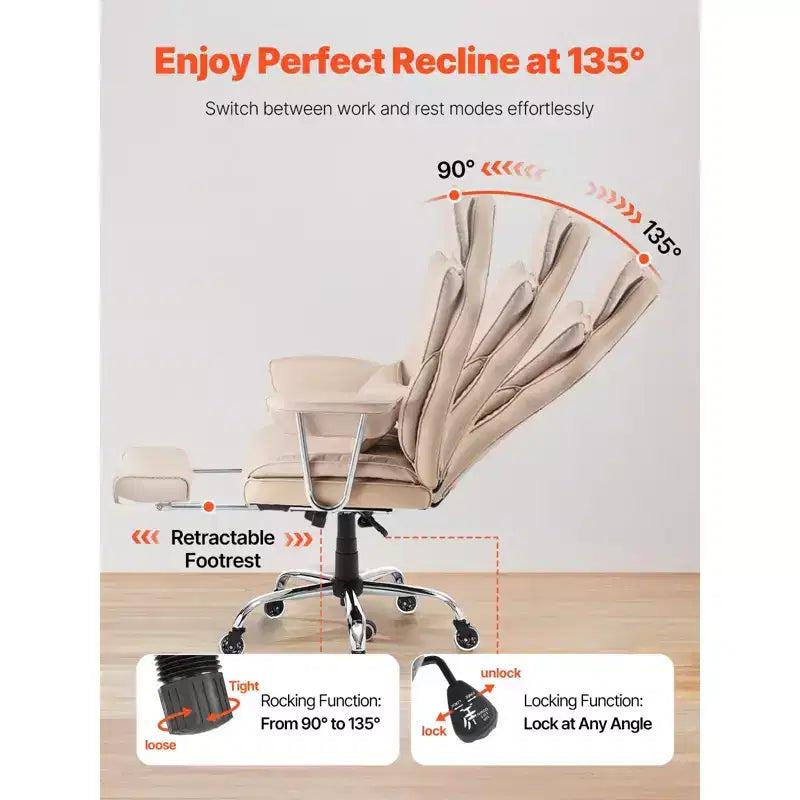 Executive Office Chair with Footrest, 400lb Capacity Office Chair with Lumbar Pillow & Removable Armrests, Heavy Duty Ergonomic Chair,Beige