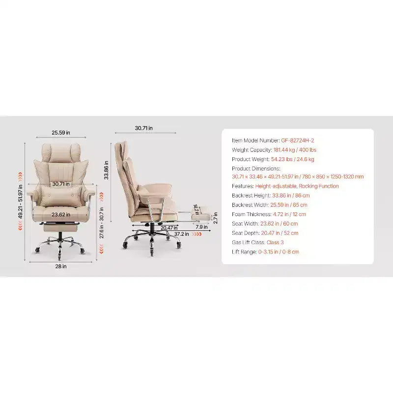 Executive Office Chair with Footrest, 400lb Capacity Office Chair with Lumbar Pillow & Removable Armrests, Heavy Duty Ergonomic Chair,Beige
