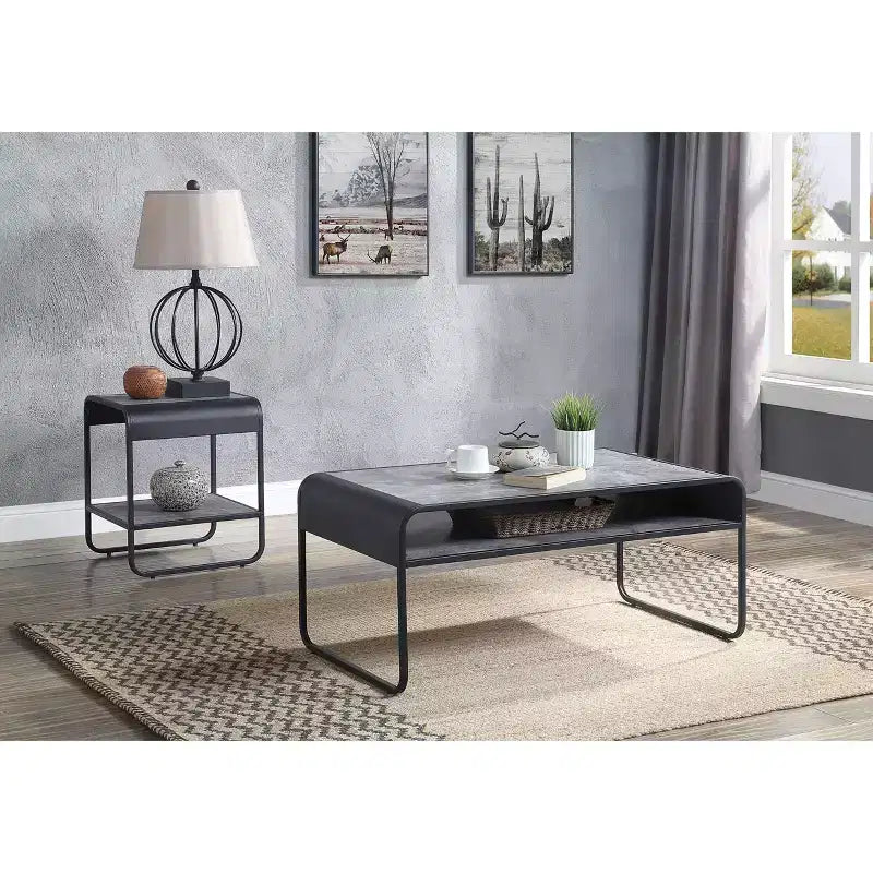 42" Coffee Table Concrete Gray and Black Finish: Loop Leg Design, Wood Composite Top, Metal Frame