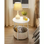 Small Round Side End Table Modern Nightstand with Fabric Basket