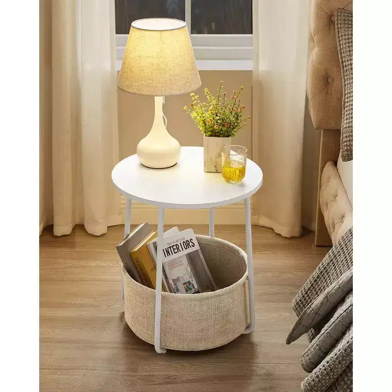 Small Round Side End Table Modern Nightstand with Fabric Basket