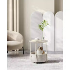 Small Round Side End Table Modern Nightstand with Fabric Basket