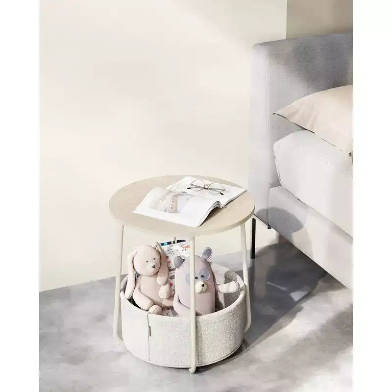 Small Round Side End Table Modern Nightstand with Fabric Basket
