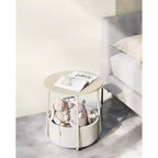 Small Round Side End Table Modern Nightstand with Fabric Basket