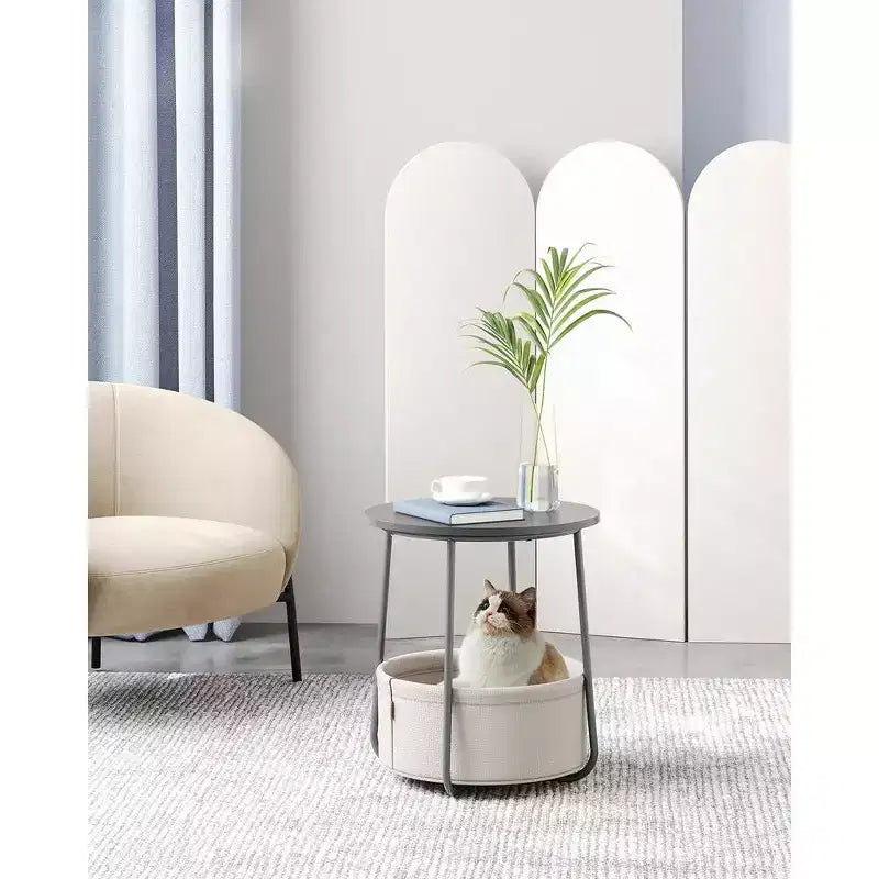 Small Round Side End Table Modern Nightstand with Fabric Basket