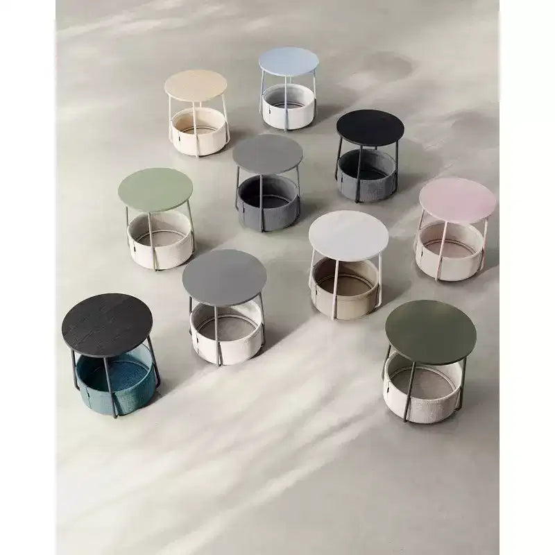 Small Round Side End Table Modern Nightstand with Fabric Basket