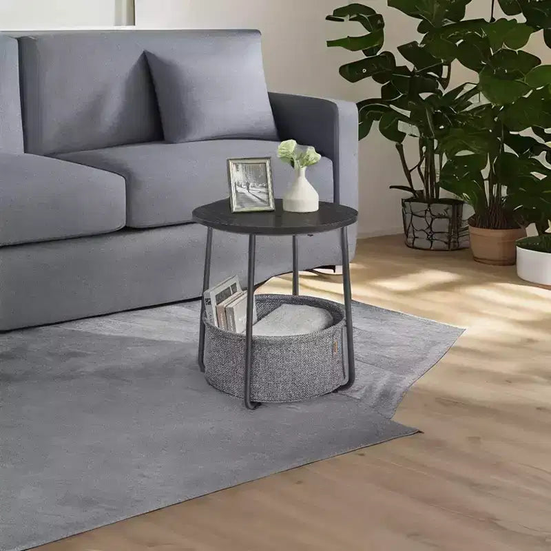 Small Round Side End Table Modern Nightstand with Fabric Basket