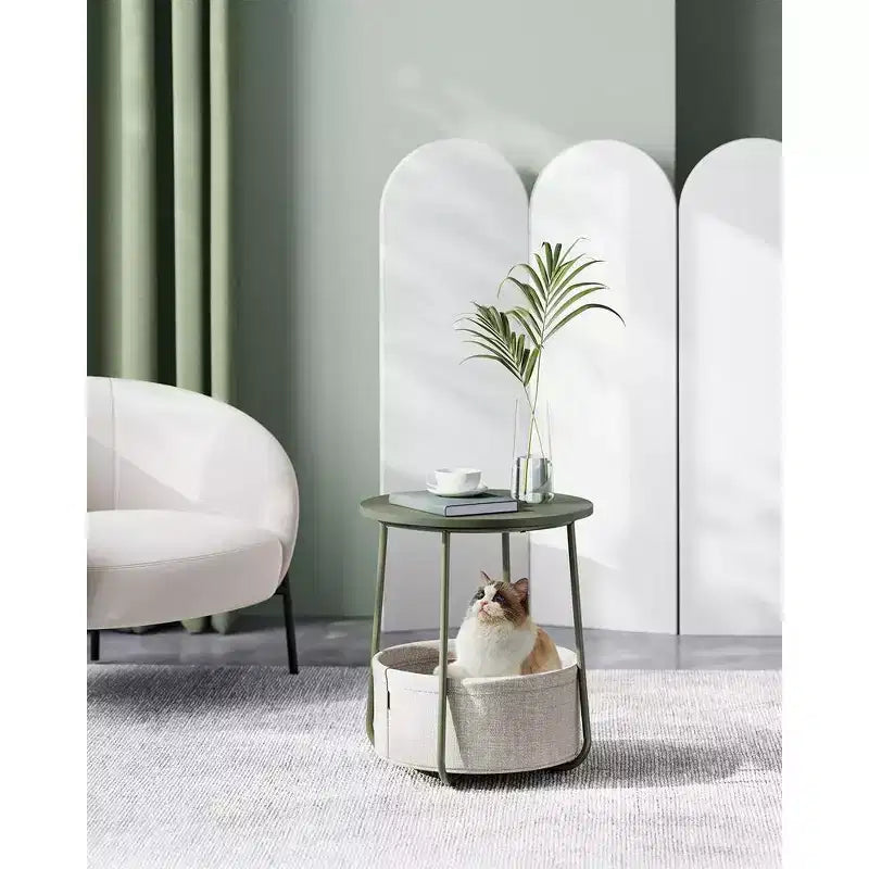 Small Round Side End Table Modern Nightstand with Fabric Basket