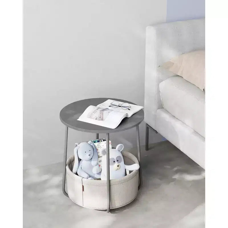 Small Round Side End Table Modern Nightstand with Fabric Basket