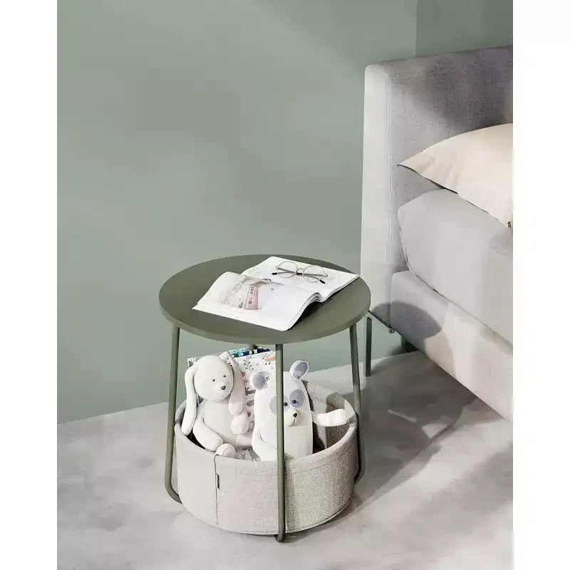 Small Round Side End Table Modern Nightstand with Fabric Basket