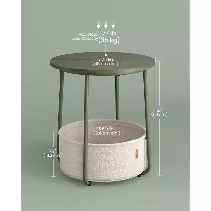 Small Round Side End Table Modern Nightstand with Fabric Basket