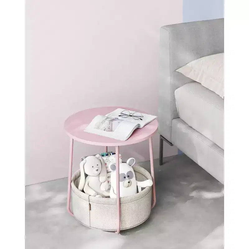 Small Round Side End Table Modern Nightstand with Fabric Basket