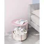 Small Round Side End Table Modern Nightstand with Fabric Basket