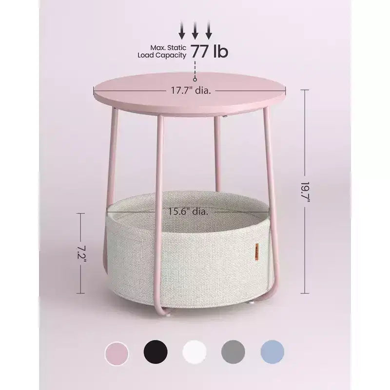 Small Round Side End Table Modern Nightstand with Fabric Basket