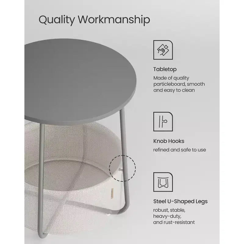 Small Round Side End Table Modern Nightstand with Fabric Basket