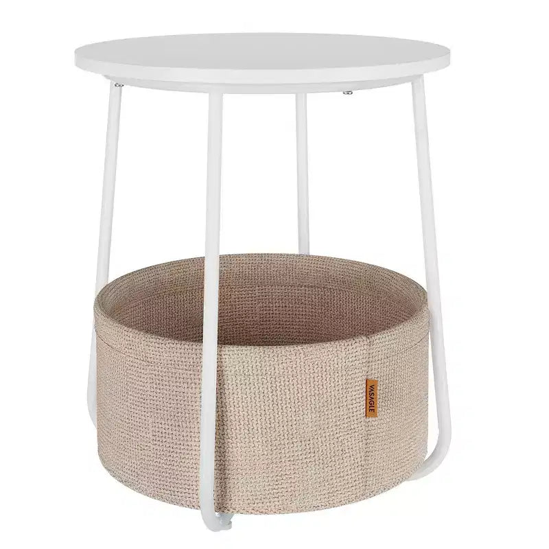 Small Round Side End Table Modern Nightstand with Fabric Basket