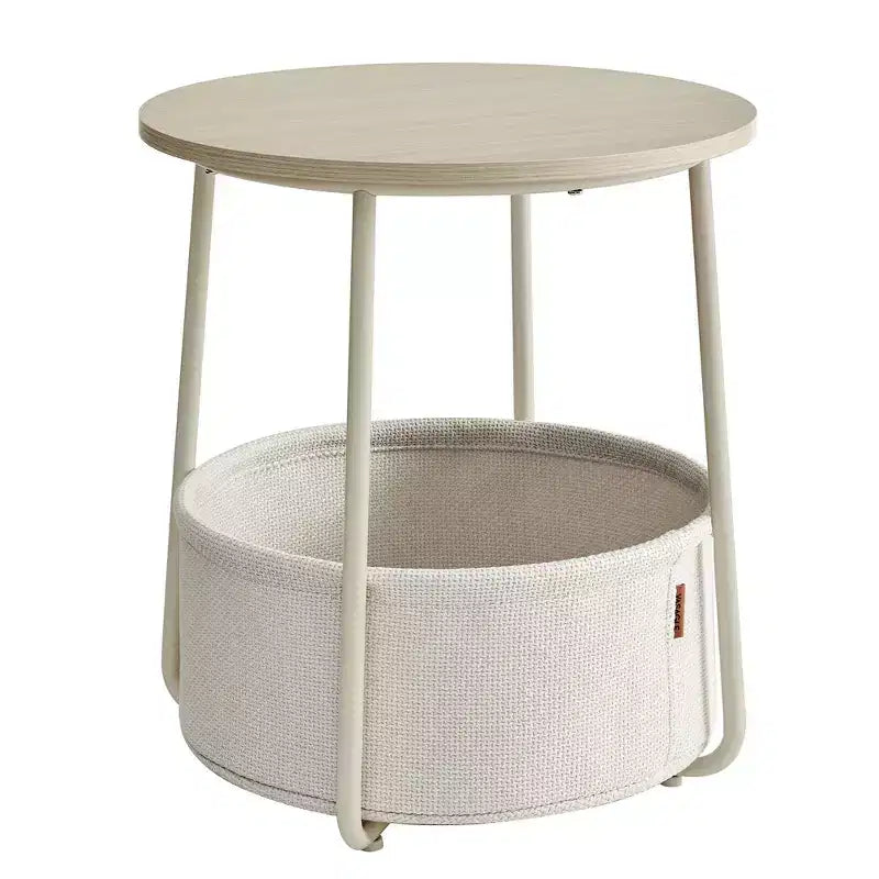 Small Round Side End Table Modern Nightstand with Fabric Basket